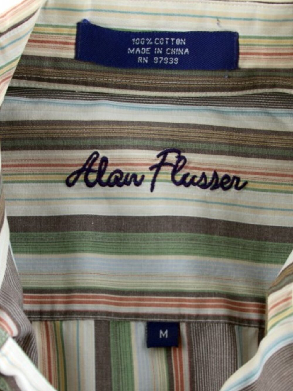 ALAN FLUSSER Tan w/green, brown, yellow & orange stripes 100% Cotton Size M - Picture 3 of 6